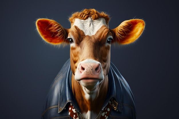 Close up of cow wearing leather jacket and looking at the camera Generative AI