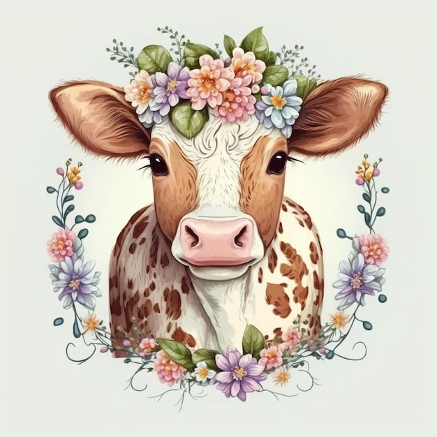 A close up of a cow with a flower crown on its head generative ai