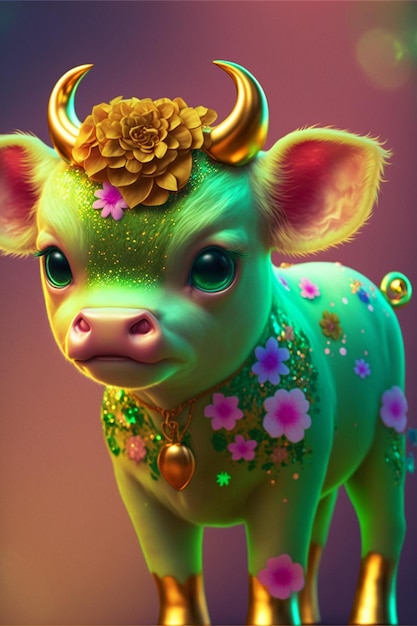 Close up of a cow with a flower on its head generative ai