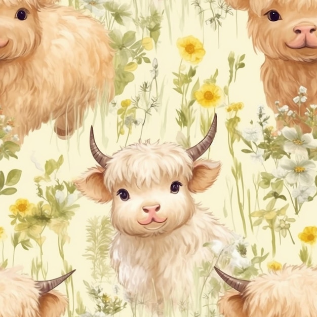 A close up of a cow with horns and flowers on a green background generative ai