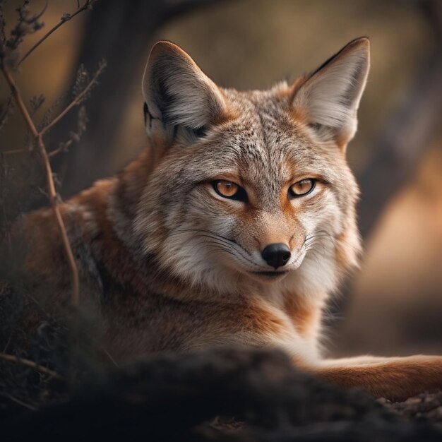 A close up of a coyote's face with yellow eyes