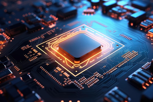 Close up of a CPU chip with glowing circuits macro shot of electronic circuit board background Ai generate