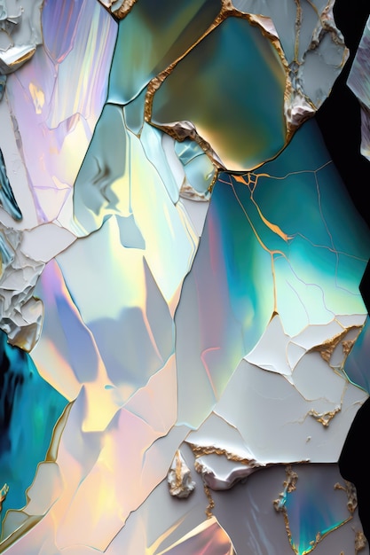 A close up of a cracked glass with a blue and gold colored background.