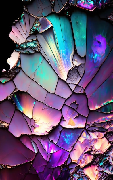 A close up of a cracked glass with a colorful pattern.