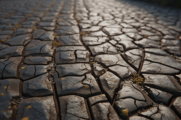 A close up of a cracked road with a few cracked, cracked, cracked, and cracked ground.