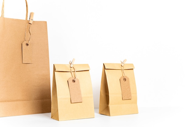 Close up on craft paper bags with decorations