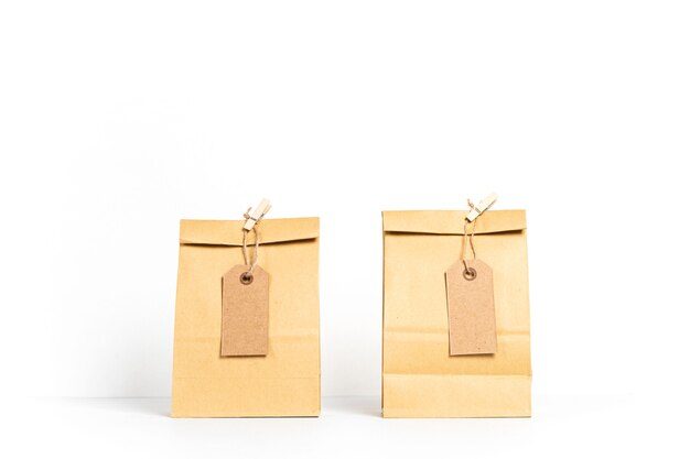 Close up on craft paper bags with decorations