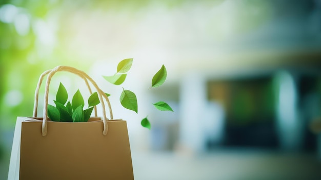 Photo close up of crafted paper shopping bag with green leaves flying out shopping and green monday promotions showcasing sustainable retail eco conscious gift giving