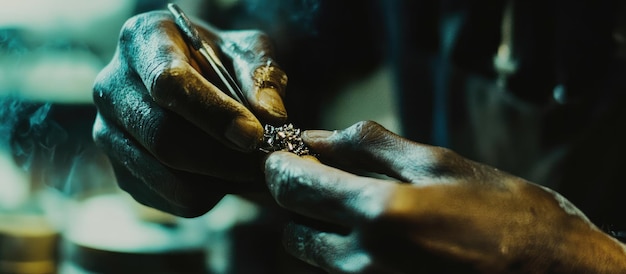 Photo close up of a craftsmans hands working on a jewelry piece