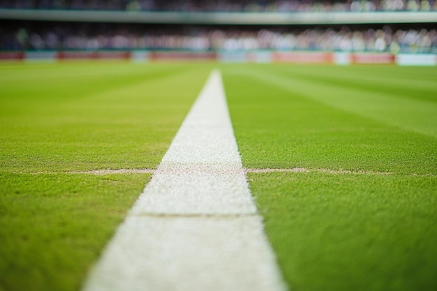 Photo close up of crease lines freshly drawn on the pitch