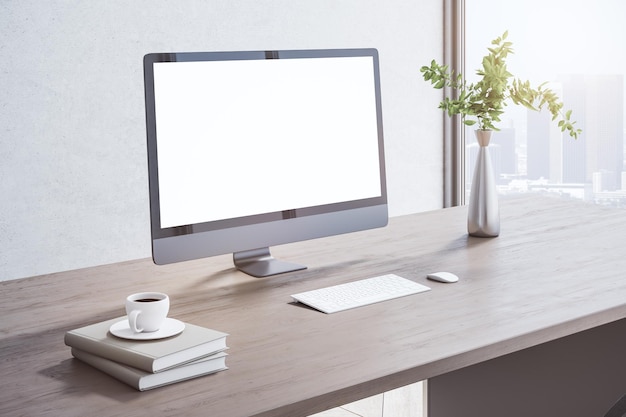 Close up of creative wooden designer desktop with blank white mock up computer monitor coffee cup other items window with city view and daylight 3D Rendering