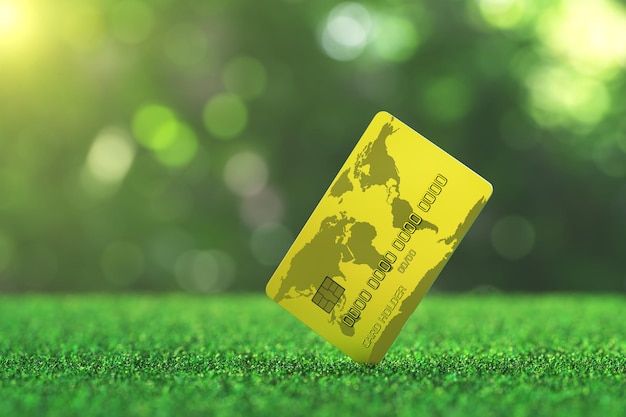 Close up credit bank black card on vibrant spring green fresh golf grass sunshine lawn Field or finance concept design copyspace 3d rendering