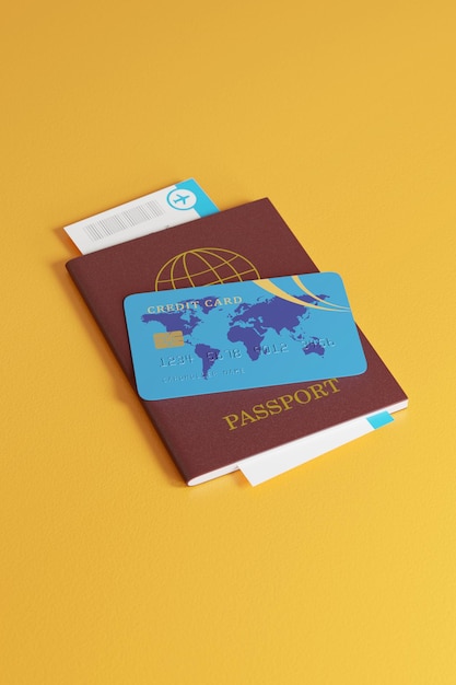 Close up of credit card passport and plane ticket on yellow background Travel concept 3d illustration