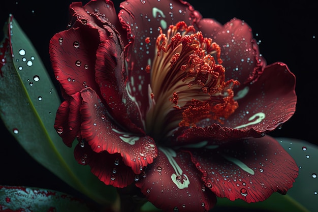 A close up of a crimson flower in bloom with droplets on it