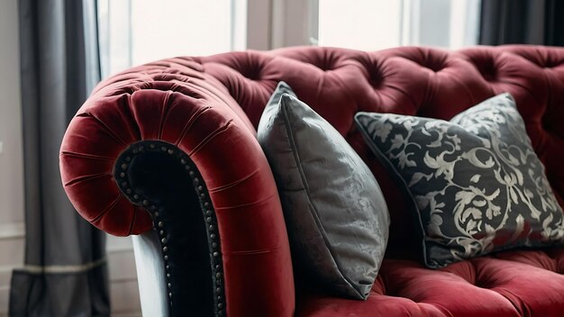 Photo close up of crimson velvet sofa with gray pillows modern living room home shabby chic interior des