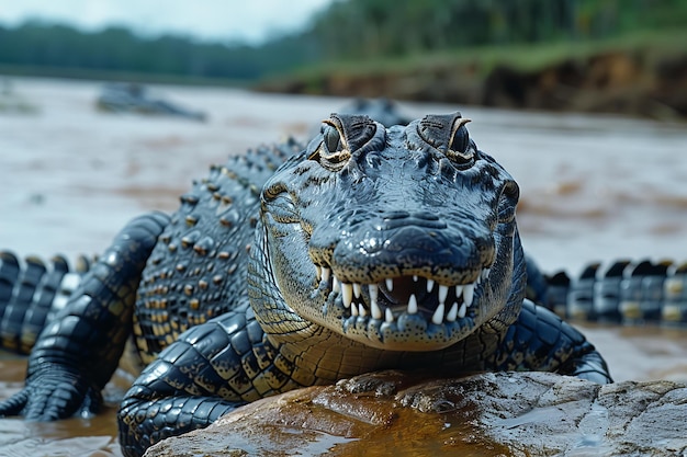 Close up of crocodile mouth open on rock with river background