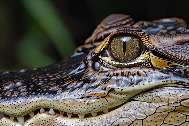 Photo a close up of a crocodiles eye with a black and brown speckled eye