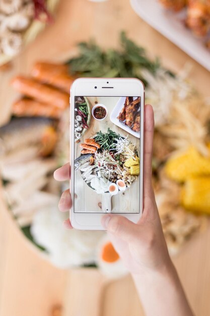 Photo close-up of cropped hand photographing food with smart phone