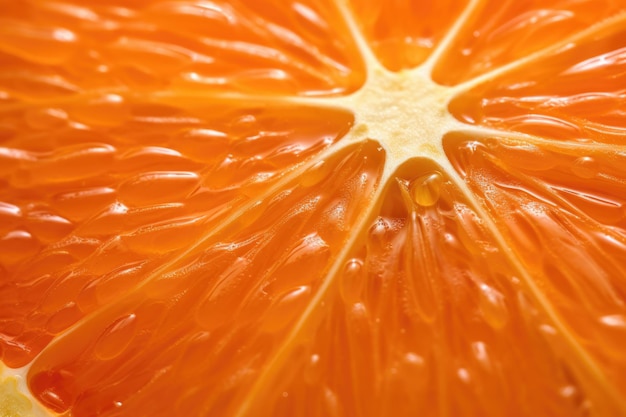 Close up of cross section of orange fruit. Macro, slice of citrus fruit with texture for background.