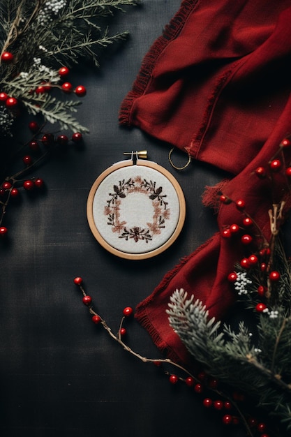 a close up of a cross stitch christmas ornament with a red scarf generative ai