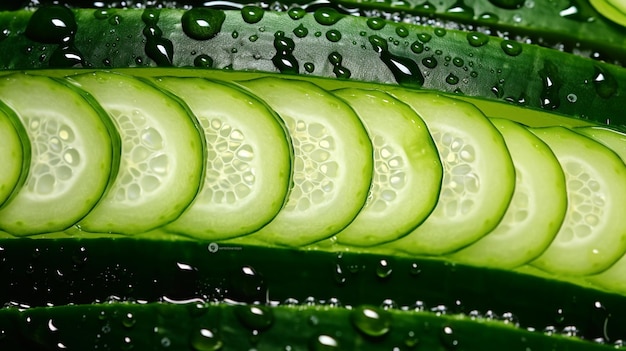 a close up of a cucumber sliced in half with water droplets generative ai