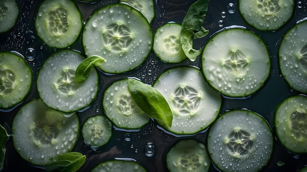 A close up of cucumber slices in water