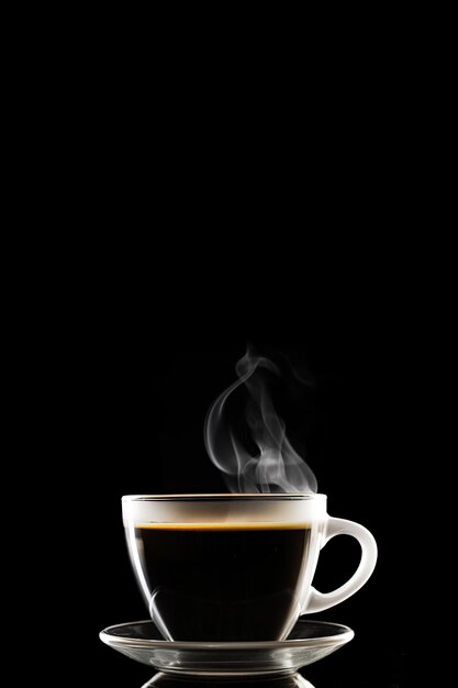 Close up a cup of a black hot coffee with smoke on black background with copy space