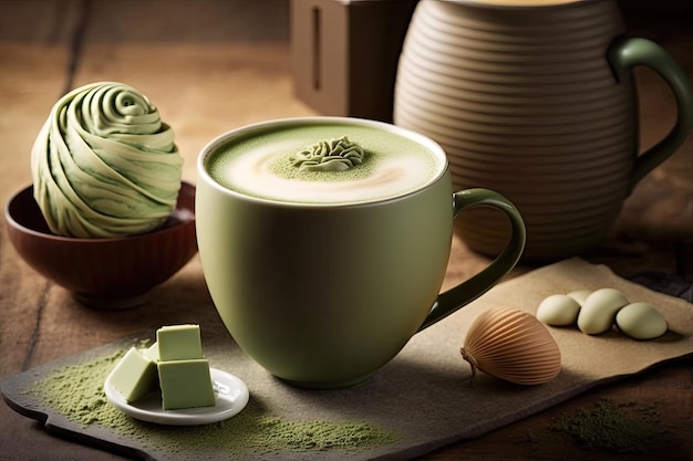 Close up cup of green tea matcha latte in white cup with powder latte art hot Generative AI