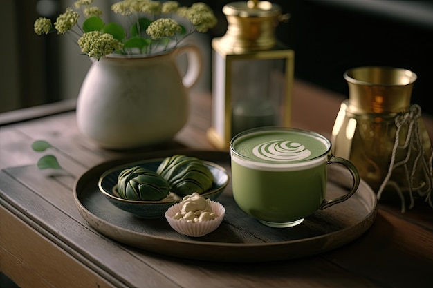 Close up cup of green tea matcha latte in white cup with powder latte hot green tea Generative AI