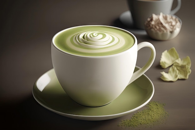 Close up cup of green tea matcha latte in white cup with traditional beverage with Generative AI