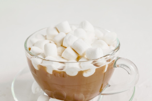 Close up of Cup of hot delicious cocoa drink with marshmallows