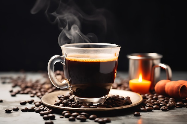 Close up of a cup of hot smoky espresso coffee Around coffee beans