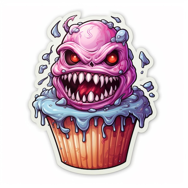 a close up of a cupcake with a pink monster face on it generative ai