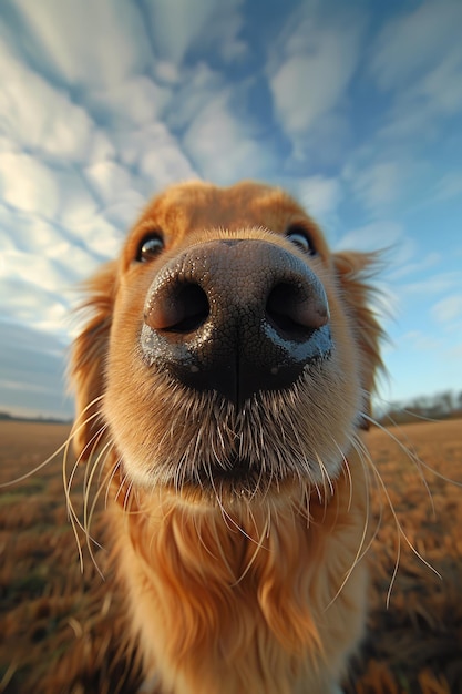 Close Up of Curious Golden Retriever With Blue Sky Background Featuring Fluffy Clouds Highlighting