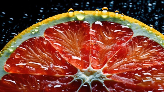 A close up of a cut in half of a blood orange.