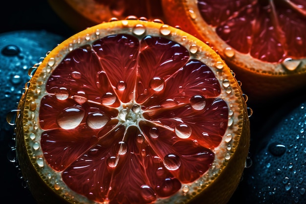 A close up of a cut in half of a blood orange