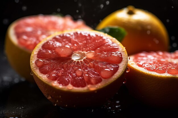 A close up of a cut in half and a half of a grapefruit