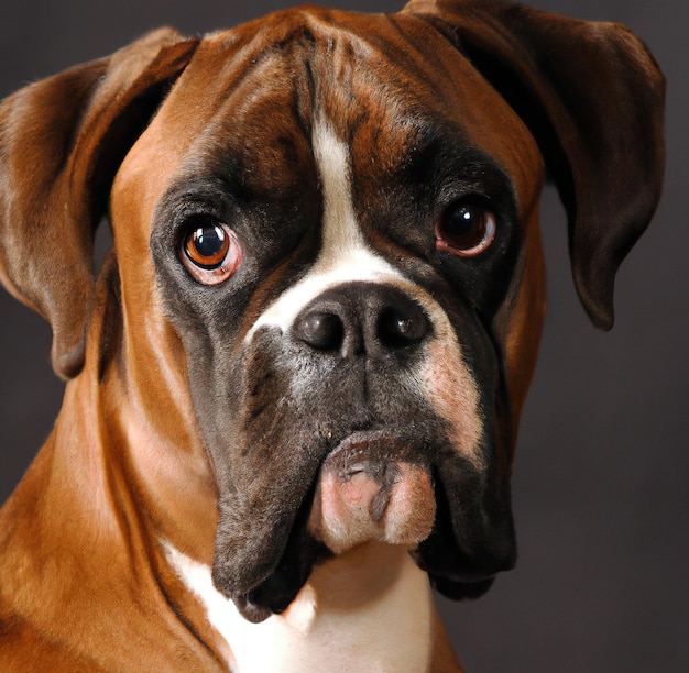 Close up of cute brown and black boxer dog over gray background