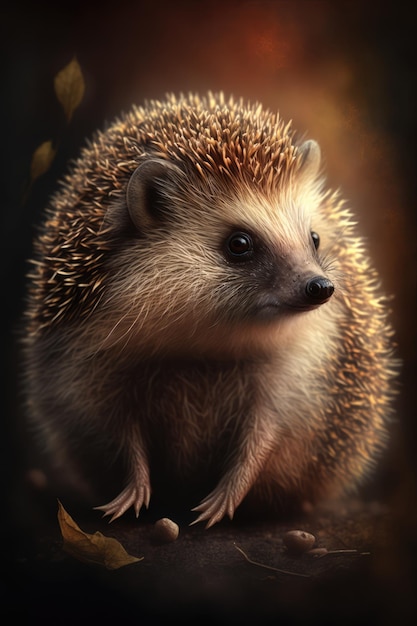 Close up of cute hedgehog in autumn leaves and acorns created using generative ai technology