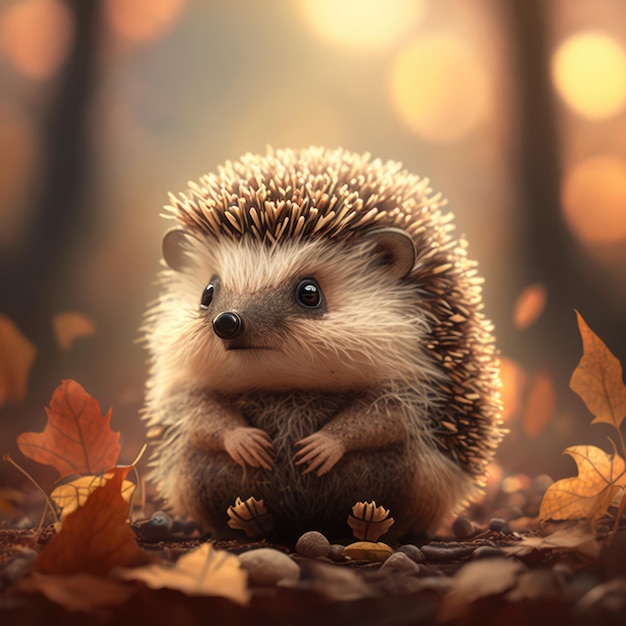 Close up of cute hedgehog in autumn leaves created using generative ai technology