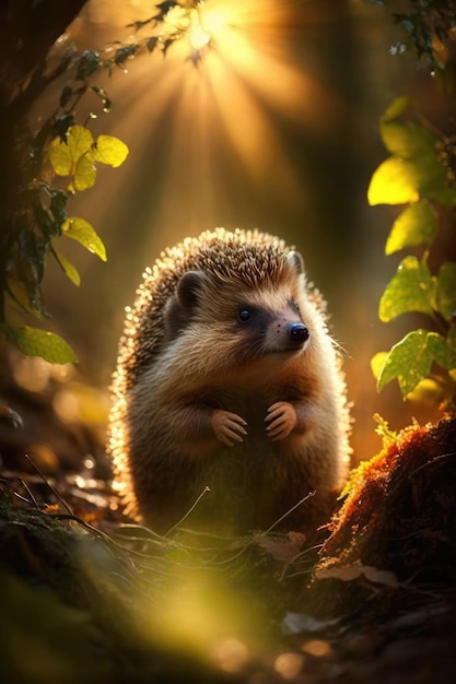 Close up of cute hedgehog in forest with sun shining created using generative ai technology