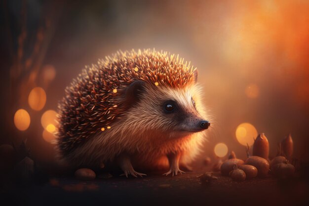 Close up of cute hedgehog with acorns created using generative ai technology