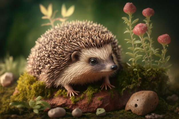 Close up of cute hedgehog with plants and flowers created using generative ai technology