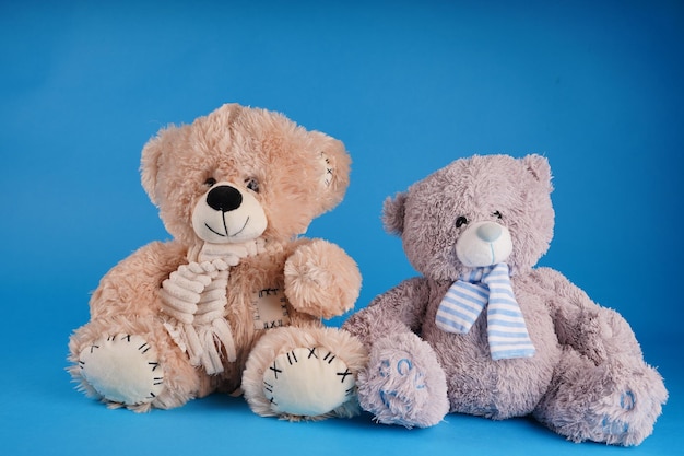 Close up of cute teddy bears Soft plush toys on blue background