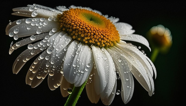 a close up of a daisy with water droplets on it