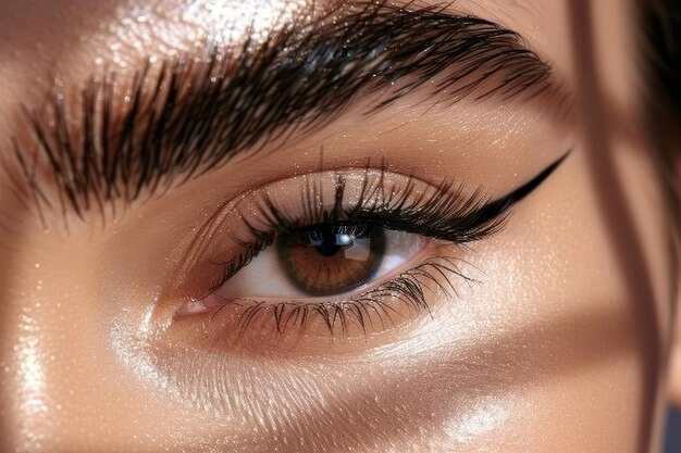 Close up of dark brown eye with eyeliner black lashes eyeshadow on tan skin in studio lighting