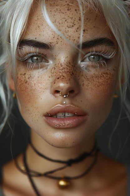 Photo close up of a dark skinned woman with white hair and cat ears on her head freckles septum piercing