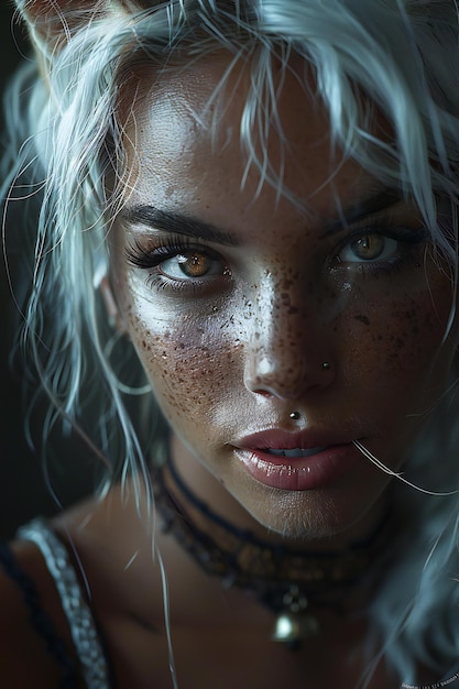 Close up of a dark skinned woman with white hair and cat ears on her head freckles septum piercing