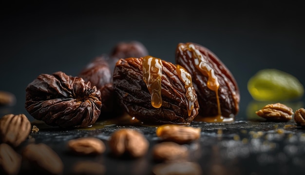 A close up of a date fruit with nuts on a black background