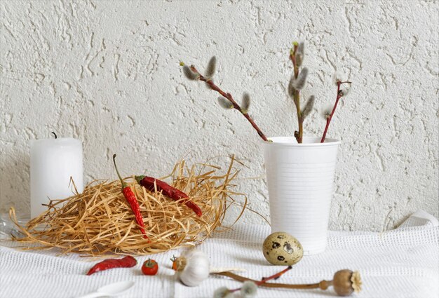 Photo close-up of dead plant on table against white wall